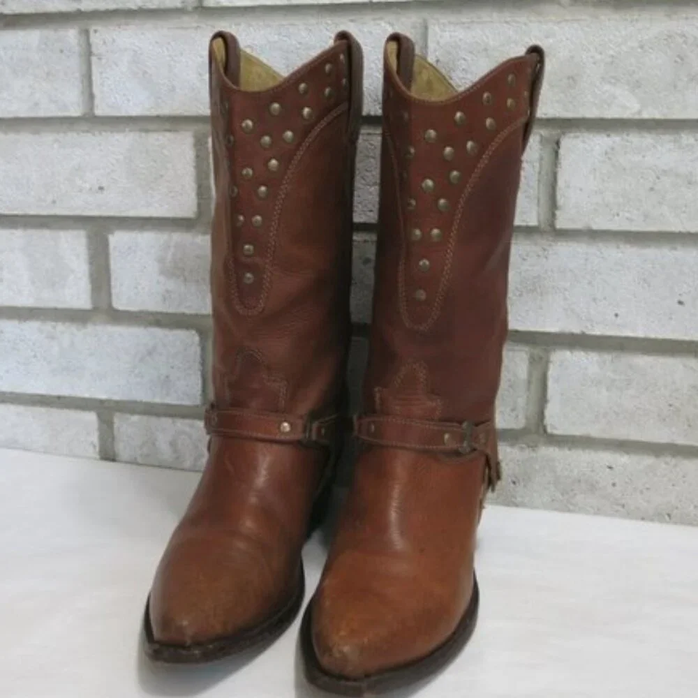 Sak's Fifth Avenue Oil Tanned Studded Leather Kicker Western Cowgirl Boots Sz 8 - Picture 4 of 7